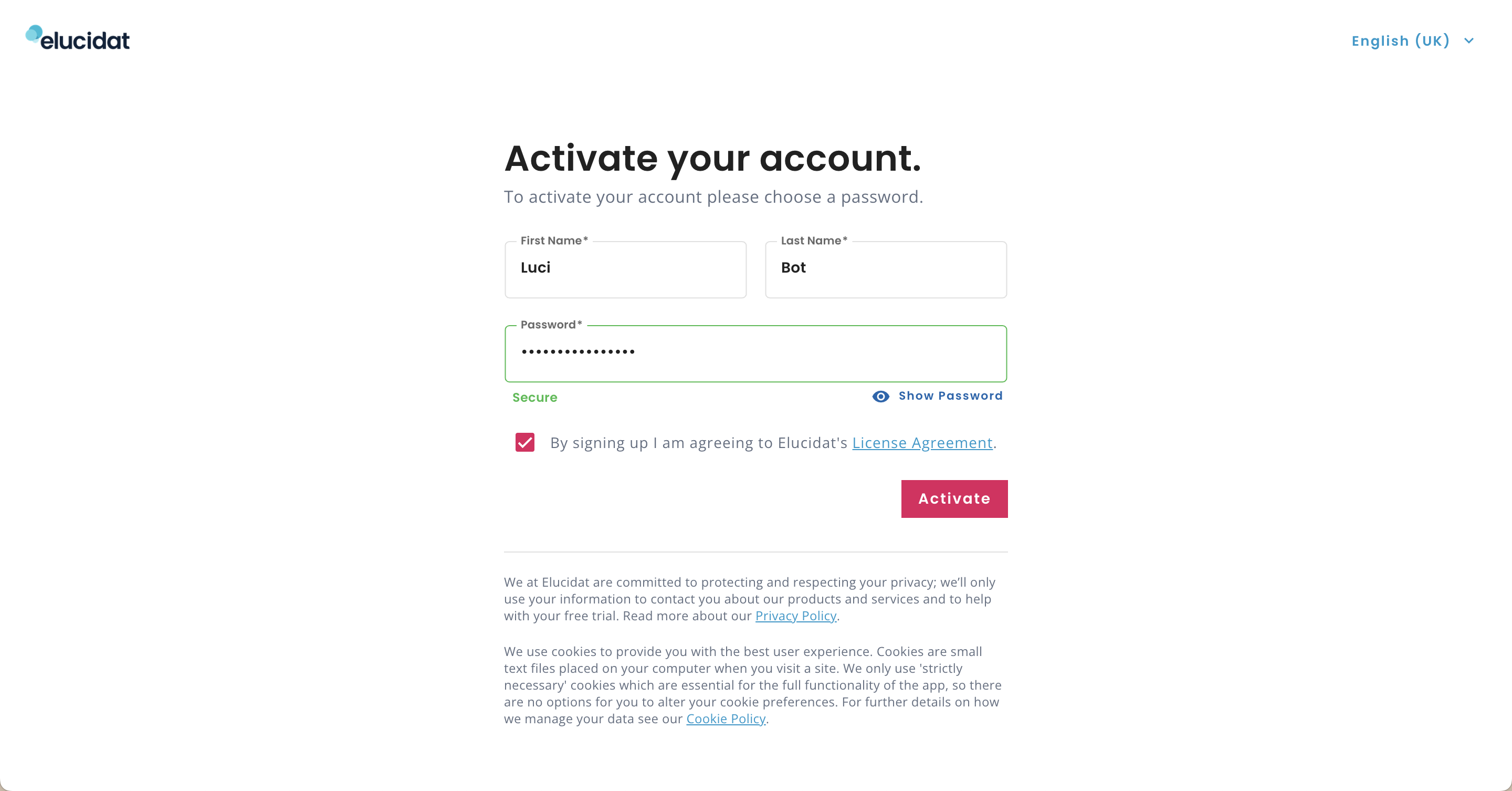 Account activation, password creation screen with example credentials.png