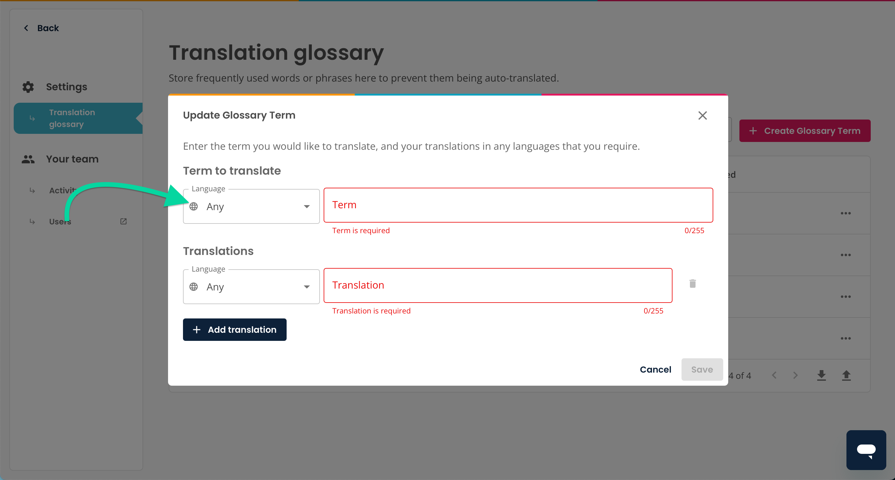 Translation Glossary, arrow pointing to Term to translate language modal, set to All.png