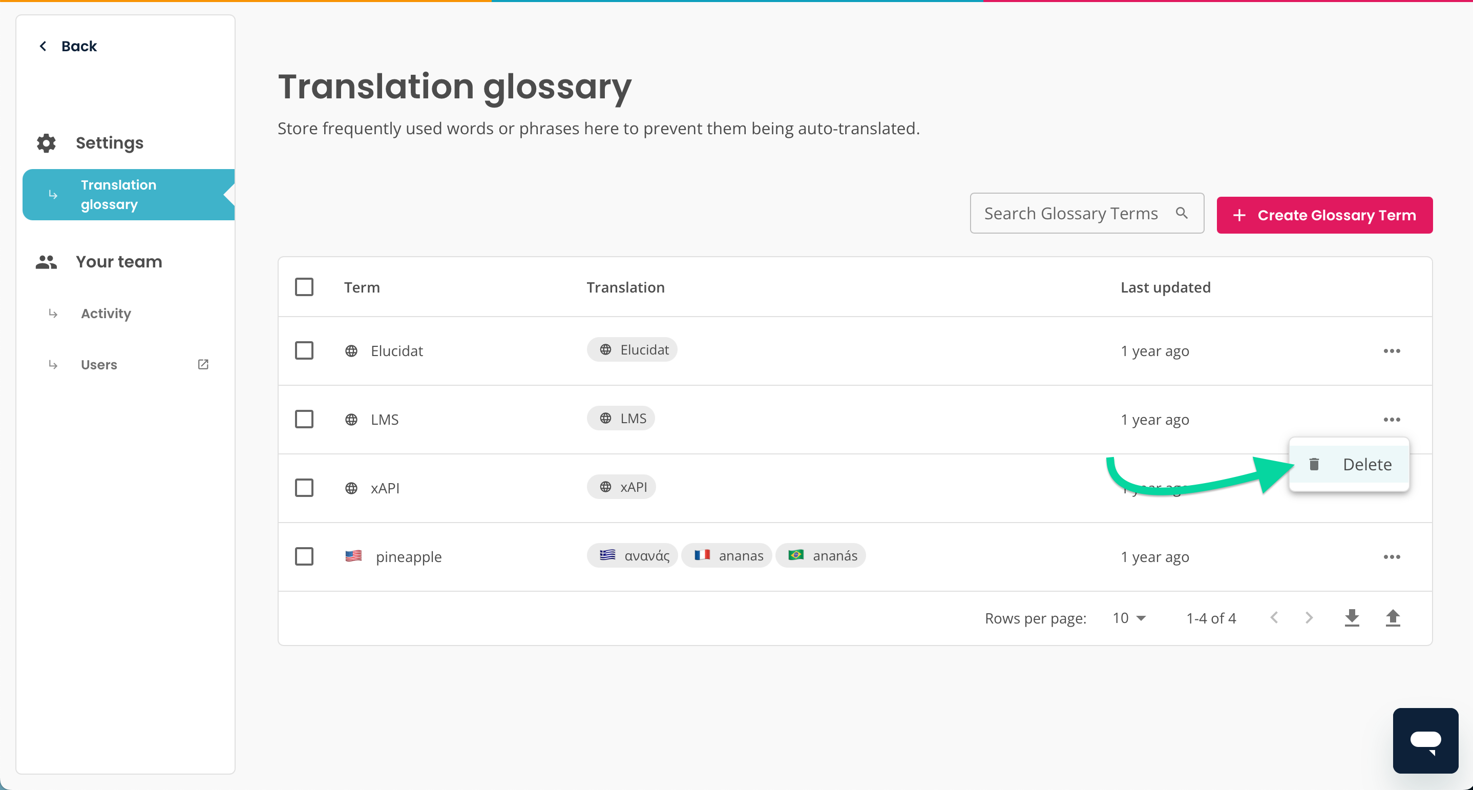 Translation glossary, arrow poinitng to Delete button for one glossary item.png