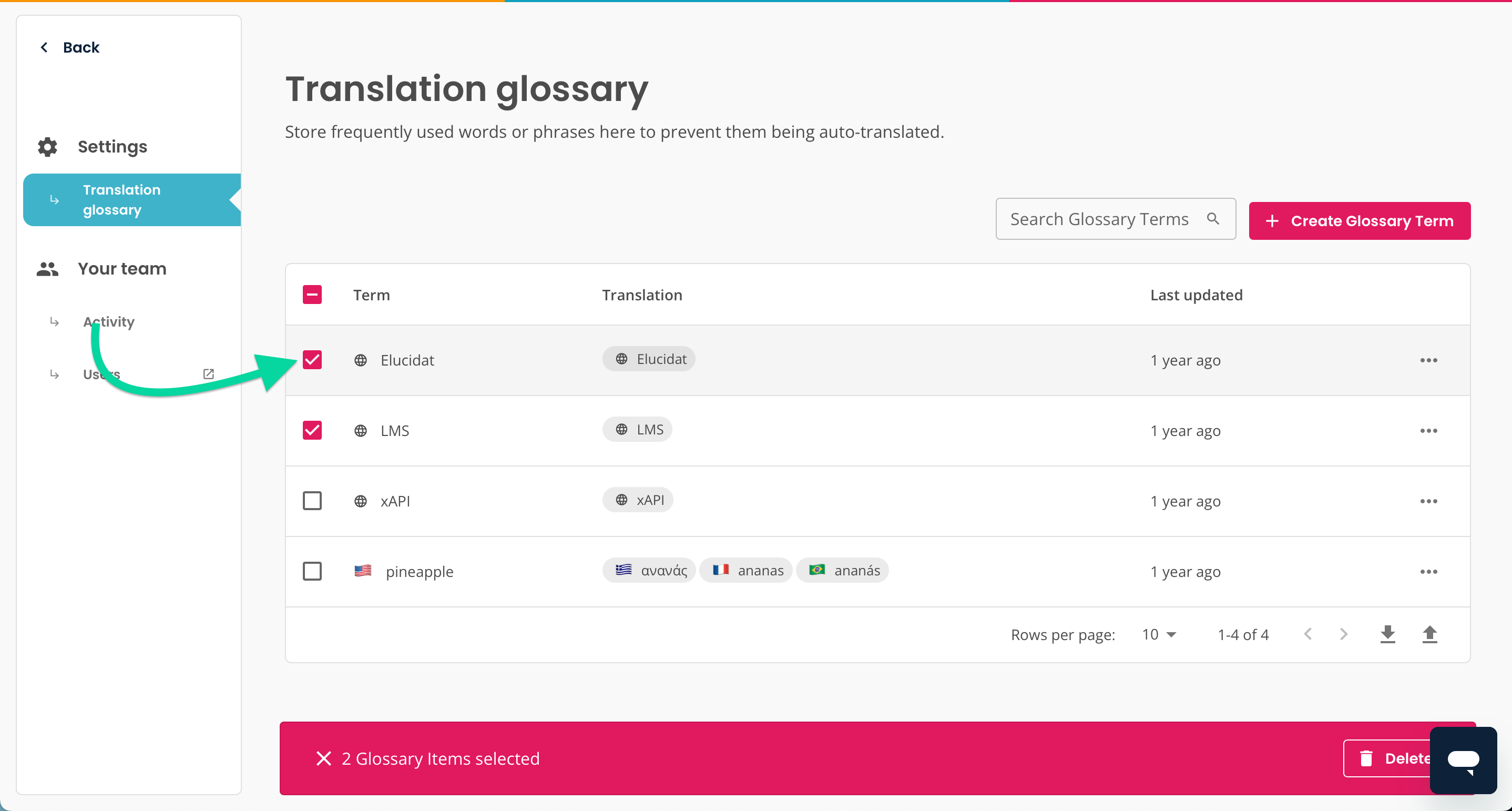 Translation glossary, multiple glossary items checked.png