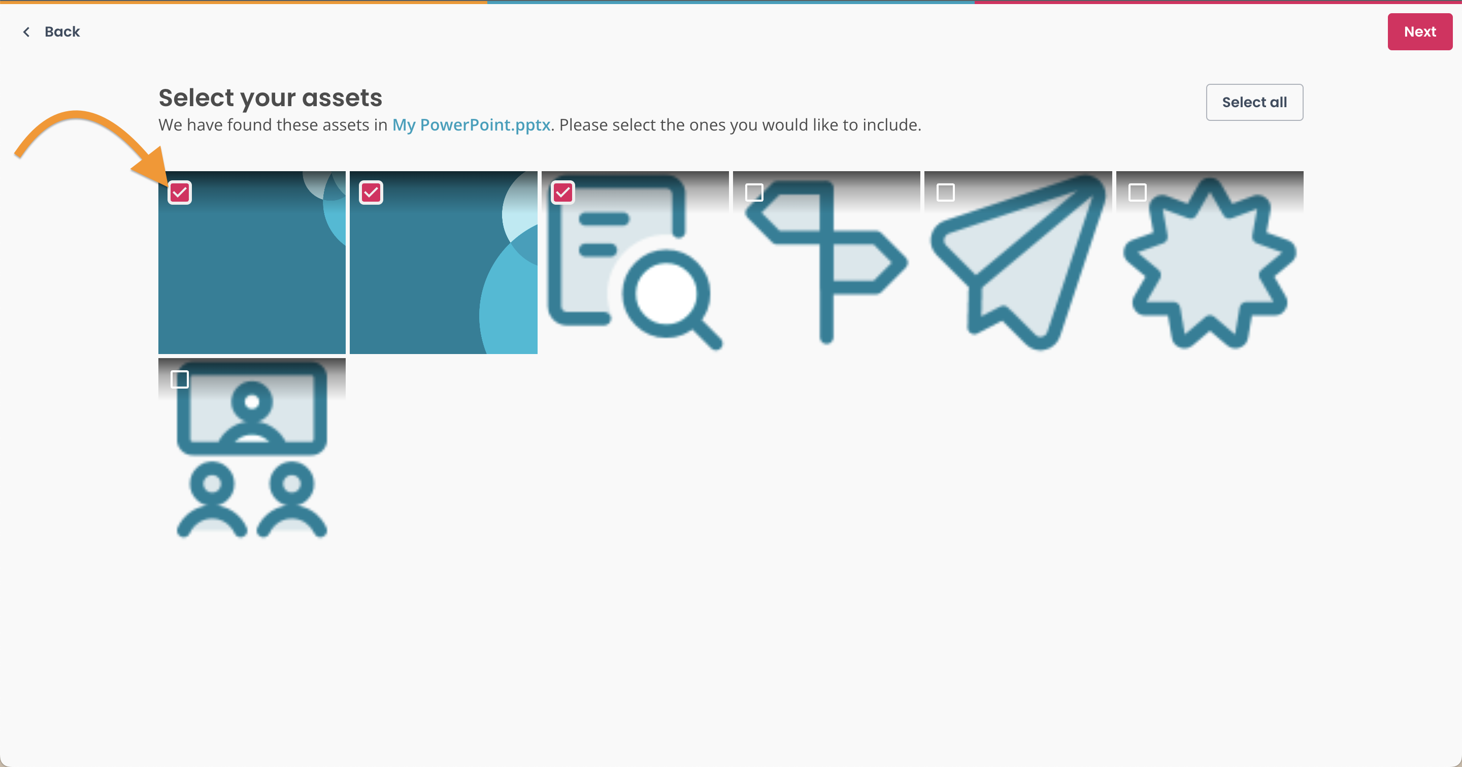 PowerPoint import, arrow pointing to selected assets.png